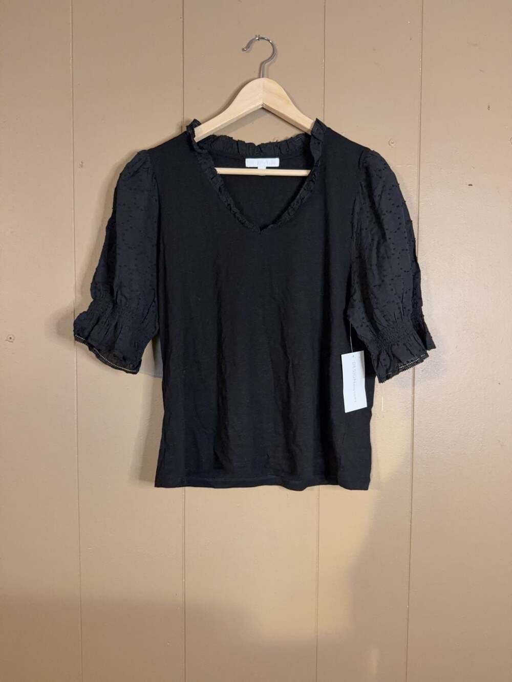 Design History Women's Black Puff Sleeve Swiss Dot Top Size L